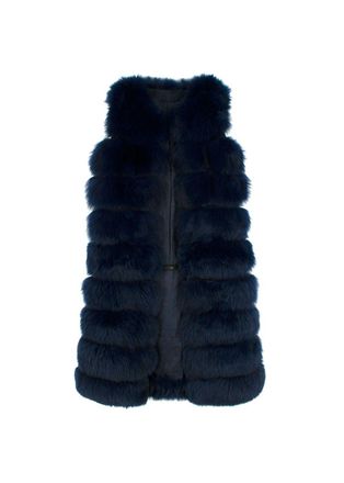 Bespoke Dyed Deep Blue Fox Fur Zipped Midi Gilet