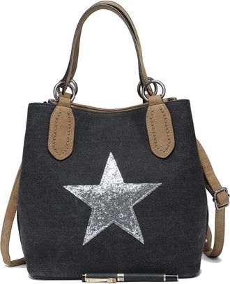 Generic Canvas Tote Bag with Sequin Star, Womens Shoulder Crossbody Handbag, PU Leather Trim, 24x24x16cm (Black)