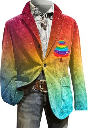 Generic Christmas Blazer for Men Corduroy Xmas Snowflake Santa Printed Regular Fit One Button Notched Lapel Sports Coats Plus Size Suit Jacket Lightweight Bla
