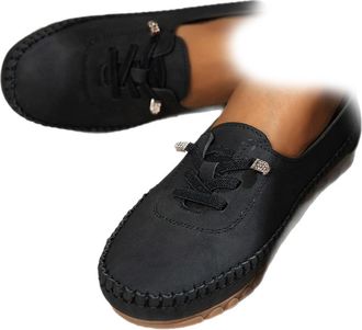 Generic Womens Comfortable Soft Hand-Stitched Genuine Leather Loafers Fashion Suede Lightweight Anti-Slip Lace Up Walking Shoes (Black,5.5)