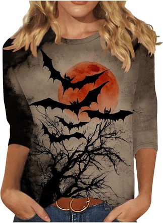 Generic Women 3/4 Sleeve Halloween T Shirt Crew Neck Halloween Graphic Tee Shirts Plus Size Fall Outfits Loose Fit Printed Casual Fashion Tops