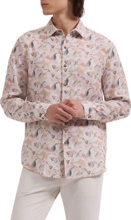 Bugatchi Julian Shaped Fit Abstract Leaf Print Linen Button-Up Shirt in Desert at Nordstrom, Size Xxx-Large