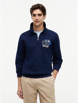 Tommy Hilfiger Mens Floral Logo Quarter-Zip Polo Sweatshirt - Navy - XL