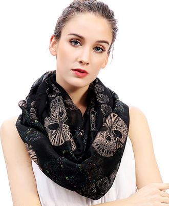 Lina & Lily Sugar Skull Print Womens Infinity Scarf Snood Lightweight Day of the Dead (Black)