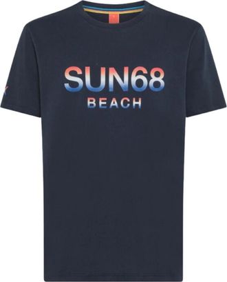 Sun 68 T-shirt met Korte Mouwen en Groot Logo - Heren - T-shirts - Blauw - S - Katoen - Tops