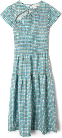 Damson Madder Ebba Plaid Cutout Detail Organic Cotton Dress in Teal Multi at Nordstrom, Size 14 Us