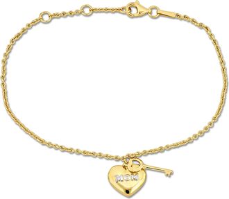 Mimi & Max Yellow Silver Charm Bracelet w/18K Yellow Gold Plated Mom Heart & Key Charm