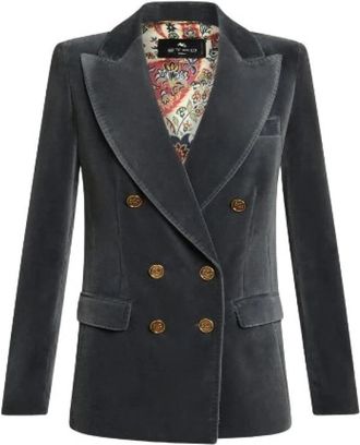 Etro Double-Breasted Velvet Katoenen Jas - Dames - Blazers - Zwart - XS - Katoen - Jassen