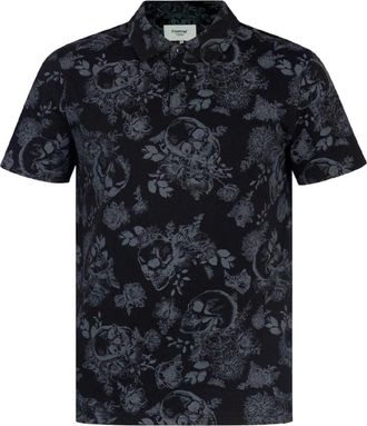 Firetrap Polohemd voor heren met bloemen- en doodskopmotief over het hele oppervlak (Zwart/Grijs)