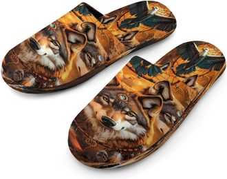 Generic Wolf with Dreamcatchers Mens Cotton Slippers Memory Foam Comfort House Shoes Winter Indoor Slipper for Hotel Casa Spa