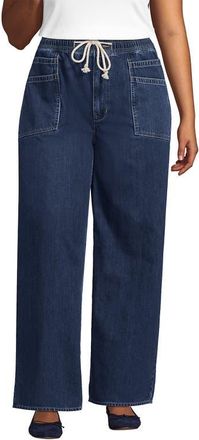 Lands End Plus Size Lightweight Denim High Rise Relaxed Straight Pull On Pocket Jeans in Crawford Wash at Nordstrom, Size 18W