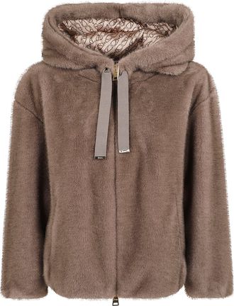 Herno Plush Faux Fur Bomber Jacket With Hood And Adjustable Fit
