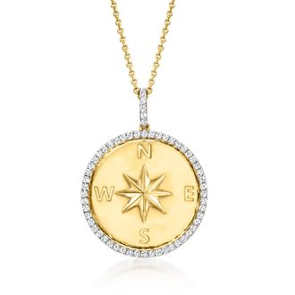 Ross-Simons Diamond Compass Pendant Necklace in 18kt Gold Over Sterling
