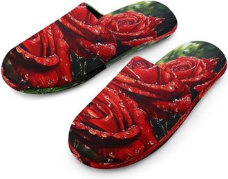 Generic Red Rose in Rain Mens Cotton Slippers Memory Foam Comfort House Shoes Winter Indoor Slipper for Hotel Casa Spa