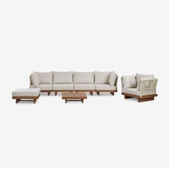 Sklum Set soggiorno con divano componibile 4 pezzi con 2 poltrone angolari, tavolino, poltrona e pouf in legno di acacia Dailin Sklum