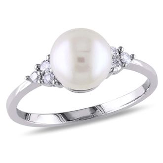 Amour 7.5 - 8 Mm White Cultured Freshwater Pearl and 1/8 CT TW Diamond Ring In 10K White Gold