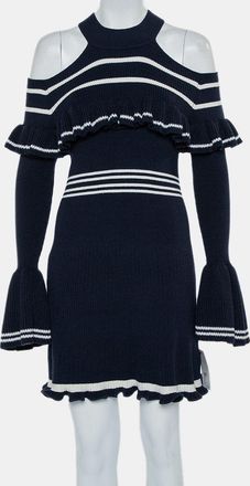 Self Portrait Navy Blue Rib Knit Ruffled Cold Shoulder Dress
