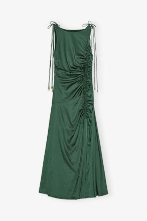 Ganni Green Satin Gathered Dress - Size 2 Viscose
