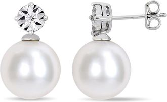 Amour 11-12 Mm Cultured Freshwater Pearl and Diamond Accent Earrings In Sterling Silver