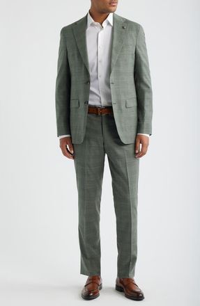 Jack Victor Midland Contemporary Fit Sage Green Windowpane Check Slub Wool Blend Suit at Nordstrom, Size 42