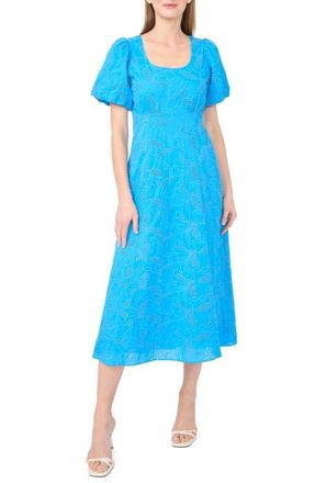 CeCe by Cynthia Steffe Embroidered Eyelet Bubble Sleeve Cotton Midi Dress in Blue Spritz at Nordstrom, Size 12