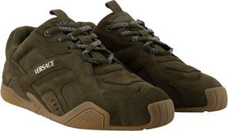 Versace Mens Suede And Calfskin Sneaker Khaki