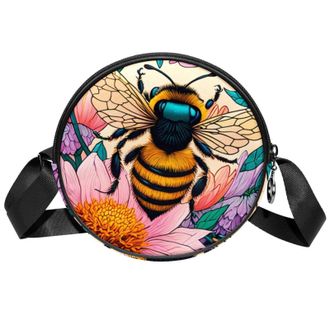 Generic Circle Crossbody Bag for Women, Color Drawing Bee Small Sling Bag Daypack with Zipper Adjustable Shoulder Straps Casual Ladies Girls Round Purse