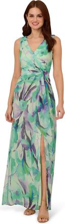 Adrianna Papell Womens Draped Floral Chiffon Gown - Multicolour - Size 14 UK