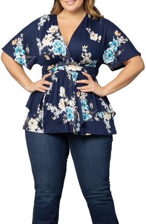 Kiyonna Encore Print Faux Wrap Top in Navy Floral Print at Nordstrom, Size 0X