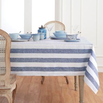 Solino Home Linen Tablecloth for Dining Table, Holiday and Everyday Dining Table Decor - Cabana Stripe in Navy And White at Nordstrom, Size Xx-Large