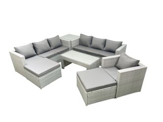 Fimous Wicker PE Rattan Sofa Garden Furniture Set with Oblong Coffee Table Armchair 2 Big Footstools Side Table Light Grey Mixed