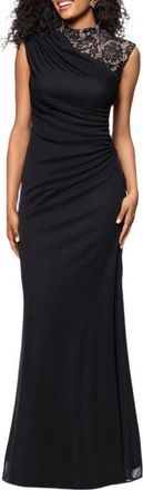 Betsy & Adam Lace Detail Mixed Media Ruched Gown in Black/nude at Nordstrom, Size 10