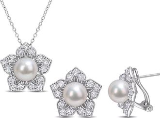 Delmar Cultured Freshwater Pearl & Lab Grown White Sapphire Flower Necklace & Earrings Set at Nordstrom Rack