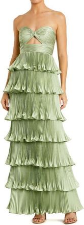 Mac Duggal Pleated Charmeuse Strapless Tiered Ruffle Gown in Sage at Nordstrom, Size 12