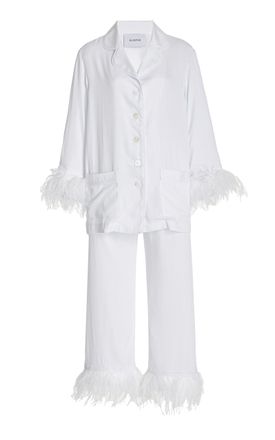Sleeper Party Feather-Trimmed Woven Pajama Set - White - M - Moda Operandi
