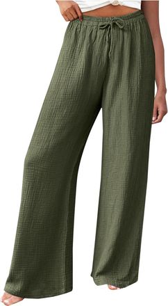 Generic Womens Cotton Linen Wide Leg Trousers Drawstring Elastic Waist Trousers Solid Color Loose Fit Slacks Summer Casual Long Pants Breathable Walking Pants