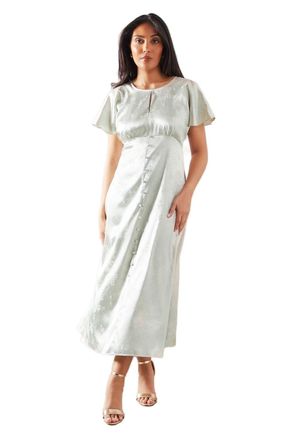 Wallis Petite Satin Jacquard Button Through Midaxi Dress, 18, Green