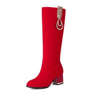Generic Womens Faux Suede Knee High Riding Boots Comfort Round Toe Block Heel Side Zipper Casual Wedding Warm Winter Shoes (7.5,Red)