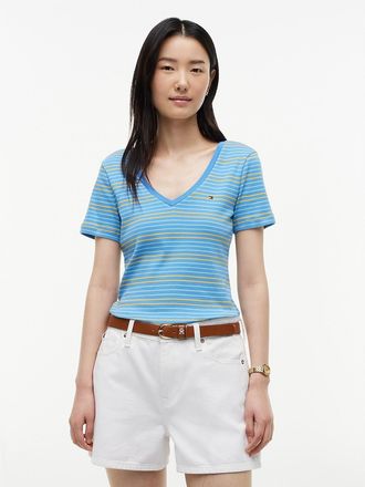 Tommy Hilfiger Womens V-Neck Striped Favorite T-Shirt - Blue - XXL