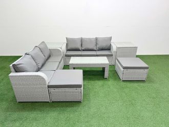 Fimous Outdoor Garden Furniture Sets 8 Seater Wicker Rattan Furniture Sofa Sets w/ Oblong Coffee Table high Back Lounge Sofa 2 Big Footstool 2 Side
