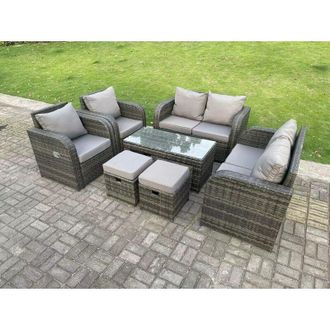Fimous 8 Seater Dark Grey pe Wicker Rattan Garden Furniture Set Reclining Chair 2 Seater Love Sofa Set Outdoor Rectangular Coffee Table Stools - Fimous