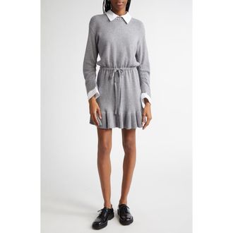 Cinq &agrave; Sept Imitation Pearl Necklace Detail Long Sleeve Layered Sweater Dress in Heather Grey/White at Nordstrom Rack, Size X-Small