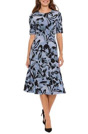 London Times Short Sleeve Inset Waist Midi Dress in Black/Blue at Nordstrom Rack, Size 14