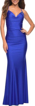 La Femme Sparkle Rhinestone Long Jersey Prom Dress in Royal Blue at Nordstrom, Size 00