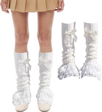 Generic EDLMKM Knitted Leg Warmers for Women Girls, Winter Boot Cuffs Warm Knee Warmers, Lady Fashion Long Boot Cuff Knee Socks, Lolita High Socks with Bow fo
