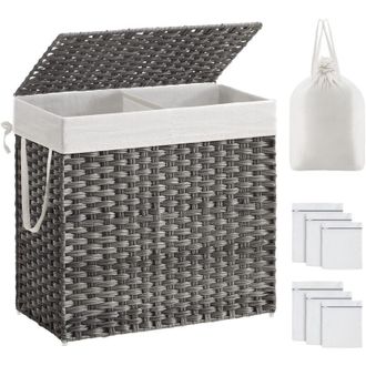 Songmics Cesto Portabiancheria con Coperchio, Cesta per Bucato 130L, 2 Scomparti, Sacco Estraibile con Manici, Intrecciato a Mano, in Camera da Letto, Bagno