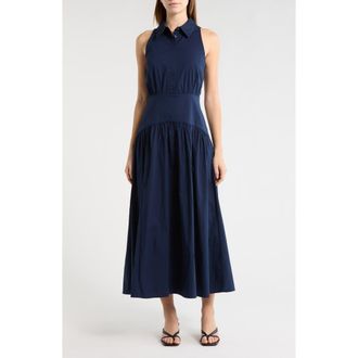 Staud Romy Sleeveless Stretch Cotton Shirtdress in Navy at Nordstrom, Size 00