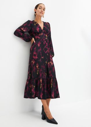 Bonprix Midikleid BONPRIX, Damen, Gr. 32/34 (XS), N-Gr, schwarz (schwarz, lila bedruckt), Obermaterial: 95% Polyester, 5% Elasthan, slim fit, Kleider Midiklei