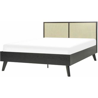 Beliani Letto matrimoniale nero in legno di pioppo con testiera in vimini 140 x 200 cm Monpazier