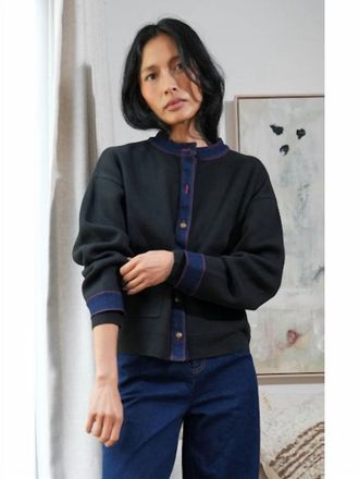 Greylin Lila Denim Detail Knit Cardigan Top In Black